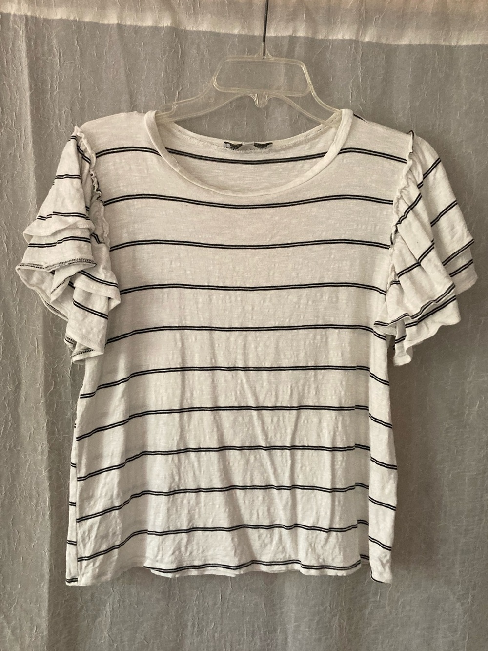 Striped White and Black Ruffle Sleeve Tee Size Small